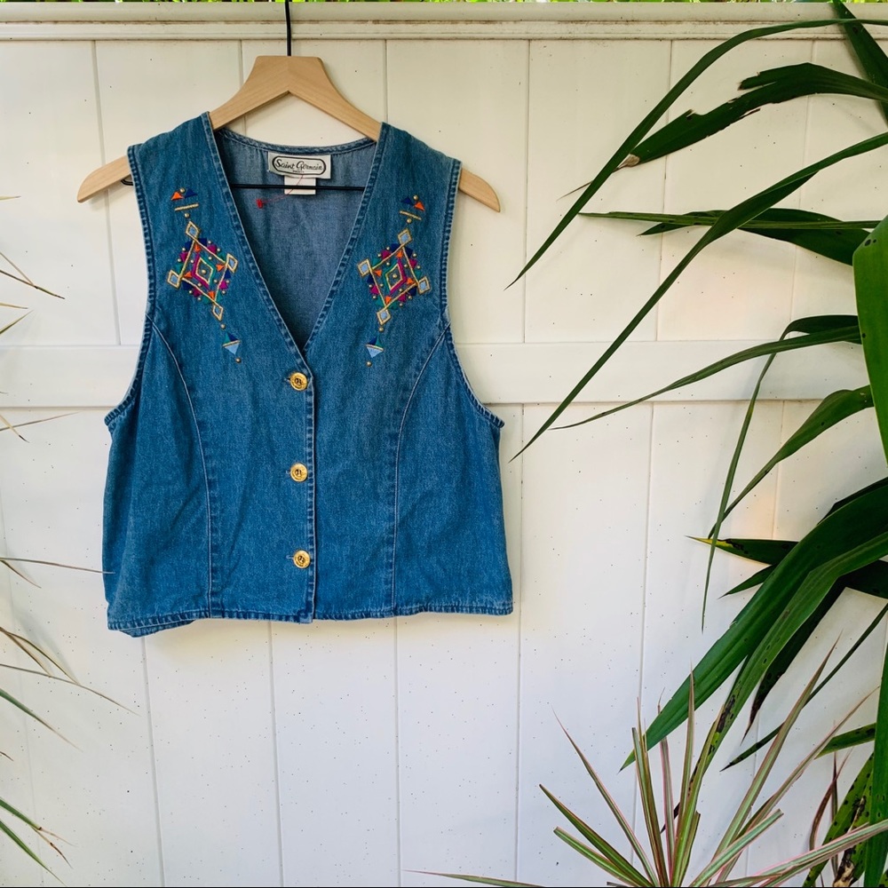 vintage vsco 90s denim funky hippy gold aztec vest - Picture 3 of 6